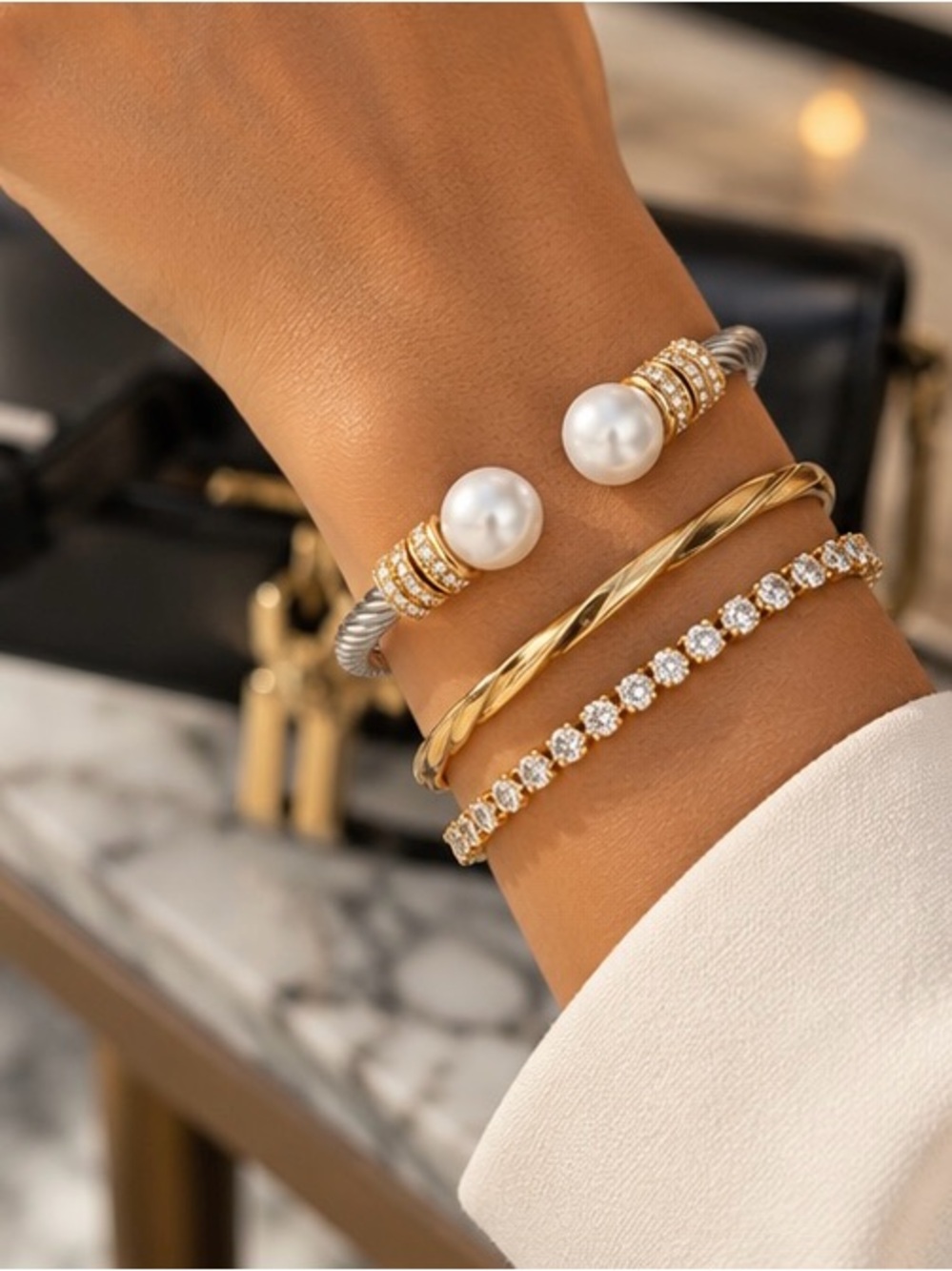 Pearl Pave Silver Cable Cuff Bracelet